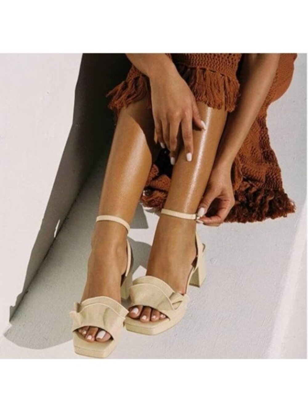 Pazzion Khaki Platform Square Toe Pleated Ruffle Chunky High Heels Strap Sandals